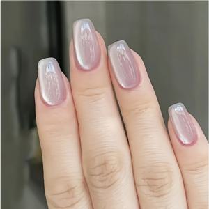 TEMU 30개의 라이트 핑크 고양이 눈 글리터 짧은 사각형 프레스 온 네일, 간단하고 순수하고 귀여운 외모를 위한 디자인, 네일 파일과 젤리 글루가 포함되어 있으며, 여성과 소녀에게 일상적인 착용, 휴일, 파티에 적합합니다.