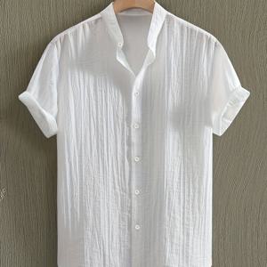 TEMU 엘슨 OBM 남성용 여름 반팔 셔츠 - 가벼운 통기성 솔리드 컬러 스탠드 칼라 버튼업 캐주얼 셔츠, 세탁기 사용 가능, 해변 휴가 및 풀 파티와 레저 의상에 적합한 비치 셔츠