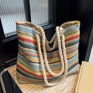 TEMU 여성을 위한 우아한 줄무늬 직조 토트 백 - 가벼우며 넓은 해변용 어깨 백, 지퍼 클로저 및 고정된 로프 핸들, 여행 및 휴가에 완벽한 국립 스타일 백