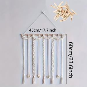 TEMU 1개 마크라메 사진액자 벽걸이 - 베이지/화이트 태슬 장식, 22클립 포함, 이중용도 사진 전시 & 헤어 오거나이저 - 거실, 침실, 웨딩, 파티용 - 쉬운 설치 보보 홈 데코 선물, 방 꾸미기, 결혼식 장식, 폴리에스터 공예품