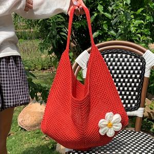 TEMU 여성을 위한 퀼팅 레드 크로셰 니트 토트백 - 대용량, 고정된 어깨 스트랩, 폴리에스터, 해변, 여행, 캐주얼한 외출에 이상적, 휴가용 토트백 | 퀼팅 디자인 | 폴리에스터 토트