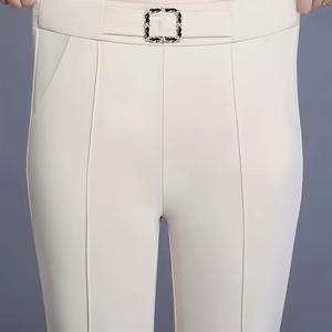 TEMU 1개 여성용 우아한 카키 플레어 팬츠 - 버튼 디테일, 신축성 허리밴드, 사이드 포켓, 발목 길이 루즈핏 바지, 봄 여름 가을 캐주얼 & 정장용, 계절 패션, 질감 있는 원단, 내구성 있는 의류