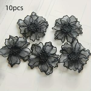 TEMU 10pcs 우아한 블랙 레이스 꽃 패치 - 3D 효과가 있는 더블 레이어 오르가자 디자인, DIY 웨딩 드레스 및 정장 의류 액세서리에 완벽, 정장 의상 장식 | 우아한 레이스 꽃 | 세부적인 꽃잎 디자인, 웨딩 드레스용 레이스 꽃