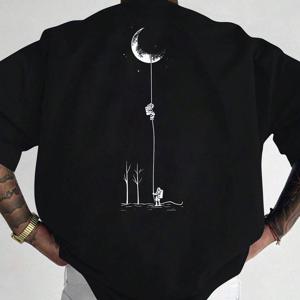 TEMU 남성용 그래픽 프린트 반팔 티셔츠 - 블랙 릴렉스핏 캐주얼 라운드넥, 내구성 있는 폴리에스터 원단, 세탁기 사용 가능한 여름 야외 상의, 달과 나무 디자인 | 가벼운 의류|반팔티|티셔츠|남자셔츠