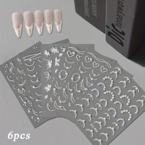 TEMU 6개 화이트 5D & 라인스톤 프렌치 레이스 웨이브 네일 아트 스티커 세트 - 자체 접착식 웨딩 시즌 네일 데칼, Y2K 스타일 매니큐어 용품과 오션 디자인, 결혼식 및 특별한 날을 위한 네일 장식 | 엠보싱 장식, 네일 참 액세서리|네일재료
