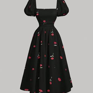 TEMU 여성용 우아한 스퀘어 넥 플로랄 프린트 드레스 - 빨간 장미 & 녹색 잎사귀, 봄 여름 가을용 기계 세탁 가능 경량 A라인 반팔, 캐주얼에서 세미포멀 행사까지, 부드러운 원단의 꽃무늬 드레스, 통기성 소재, 성인 의류