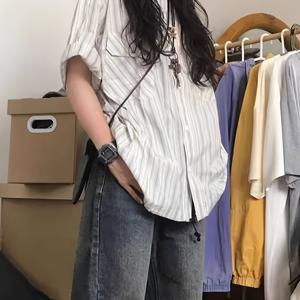 TEMU 여성용 빈티지 일본식 유니폼 셔츠 - 블루 반팔 버튼업 탑, 가벼운 통기성 원단, 레귤러 핏 캐주얼 엘레강스 스타일 봄/여름 의상, 질감 있는 소재, 봄 패션, 세탁 가능 루즈핏 블라우스, 패션 애호가용|블라우스|빈티지|반팔셔츠
