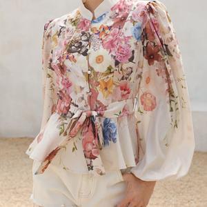 TEMU 우아한 꽃무늬 블라우스, 스탠드 칼라 및 벨트 웨이스트 - 긴 소매, 여성용 버튼업 셔츠, 봄/여름/가을에 완벽한 가벼운 폴리에스터 소재, 핑크 & 화이트 꽃무늬 디자인, 봄 여름 상의 | 벨트 웨이스트 셔츠 | 광택 있는 질감