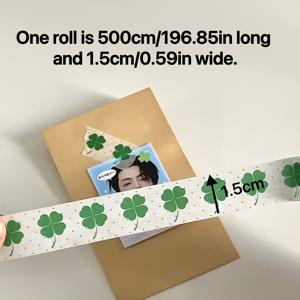 TEMU 1롤 500cm/196.85인치 롱 럭키 클로버 와시 테이프 - 빈티지 매트 PET 필름, 자체 접착 플로럴 자수 장식 테이프 (화이트/그린), 스크랩북킹, 선물 포장, 저널링용, 반투명 소재, 클로버 잎 패턴