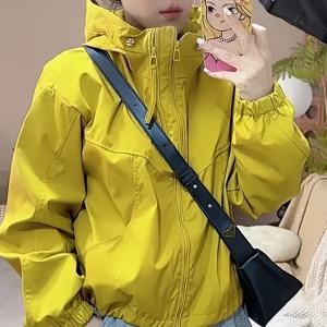 TEMU 여성용 밝은 노란색 후드 지퍼업 재킷 - 가벼운 봄/가을 코트, 앞주머니 포함, 기계 세탁 가능, 레귤러 핏 캐주얼 아우터웨어, 스프링 패션, 하이 칼라 디자인, 내구성 있는 원단