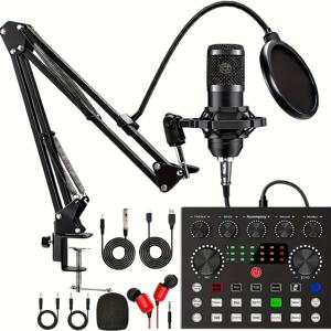 TEMU V8s 오디오 팟캐스트 장비 블렌드, 통합 라이브 사운드 카드 및 BM800 콘덴서 마이크로폰, 녹음, 방송, 라이브 방송에 적합, 배터리 구동, USB 듀얼 사용, 라이브 스트리밍 장비|다용도 오디오 |충전식 배터리, 팟캐스트 녹음 장비