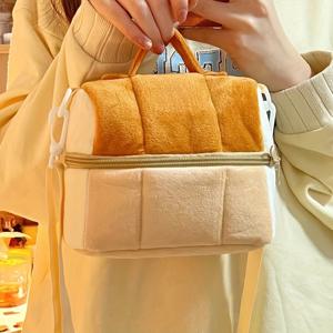 TEMU 여성용 토스트 빵 모양 화장품 파우치 - 러스틱 스타일 내구성 폴리에스터 메이크업 파우치, 밀색 & 골드 지퍼, 컴팩트 일상 핸드백, 유쾌한 디자인, 매끄러운 질감
