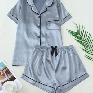 TEMU 폴리에스터 청소년 반팔 파자마 세트, 단색 캐주얼 라펠 칼라, 스트레치되지 않는 원단, 모든 계절 착용, 청소년 라운지웨어