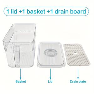 TEMU 3pcs 세트: 1 뚜껑 + 1 용기 + 1 배수 트레이 – 대용량 냉장고 보관함, 타이머 내장, 야채·과일·음료 정리 완벽, 정확한 유통기한 추적, 분리형 방습 손잡이, 내구성 PET 소재로 신선도 유지 및 냉장고 정리|타이머|냉장고|김치냉장고