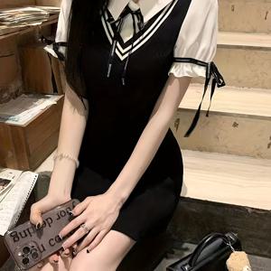 TEMU 우아한 검은색 드레스, 흰색 칼라 및 리플 디테일 - 여름용 여성을 위한 펜슬 스커트, 성인 패션에 완벽, 캐주얼한 의상 | 리플 디테일 드레스 | 세련된 스타일