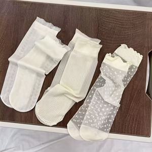 TEMU 여름용 초박형 얼음 슬리키 양말 3켤레, 레이스 트림, 통기성 메쉬 원단, 중간 발목 길이, 소녀, 청소년, 성인용