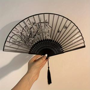 TEMU 꽃무늬가 있는 아시아식 나무 손풍선과 태슬이 있는 우아한 대나무 접이식 팬 - 홈 데코, 댄스, 선물에 완벽, 모든 계절 사용, 계절용 액세서리|장식용 손풍선|정교한 공예, 대나무 장식