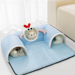 TEMU 1pc 만화 고양이 터널 침대, 지퍼 - 냉각성 통기성 애완동물 침대, 고양이용, 세탁 가능, 다수의 애완동물 안전, 닫힌 디자인, 발 인쇄 및 얼음 큐브 패턴, 재미있는 숨고기와 잠을 자는 놀이하우스, 실내 고양이용 침대, 재미있는 애완동물 가구, 부드러운 질감