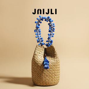 TEMU 1개 JNIJLI 프렌치 레트로 직조 버킷백, 블루 비즈 장식 & 태슬 - 종이 소재, 여성용 고정 숄더 스트랩 & 단추 클로저, 일상 출퇴근, 해변 결혼식, 휴가용 액세서리, 자연스러운 질감 디자인, 가벼운 핸드백, 보호 시크 액세서리, 보호 애호가를 위한