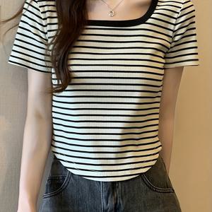 TEMU 여성용 세련된 스퀘어 넥 반팔 티셔츠 - 슬림핏, 캐주얼한 여름 상의, 블랙 & 화이트 수직 줄무늬, 가벼운 폴리에스터 블렌드, 봄/여름/가을용|반팔티|티셔츠|반팔티셔츠