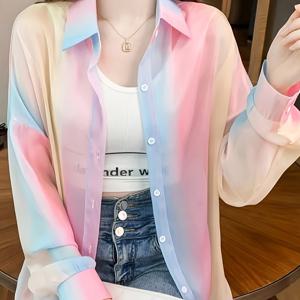 TEMU 여성용 가벼운 통기성 긴팔 셔츠 - 파스텔 그라데이션 칼라 블라우스, 루즈핏 반투명 버튼업 탑, 봄/여름 캐주얼 & 오피스웨어, 세탁 가능, 스프링 패션, 섬세한 소재, 시트셔블라우스, 패션 애호가