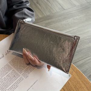 TEMU 2025 신상 여성용 롱 지갑 실버 코인 파우치 상단 레이어 소가죽 핸드폰 가방 심플 대형 니치|카드지갑|지갑|가죽가방