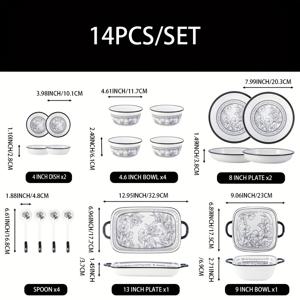 TEMU 8개/14개 프랑스 블랙 앤 화이트 세라믹 식기 세트, 아름다운 꽃 무늬, 아침/아침/라자냐/샐러드/요거트/오트밀/메인 코스/스테이크/밥/과일/야채/샐러드 등에 적합, 일상적인 소비, 가정/파티 주방 용품, 전자레인지/오븐 안전|전자레인지