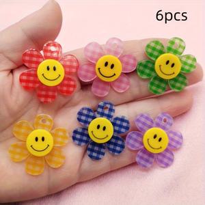 TEMU 6pcs 컬러풀 아크릴 해피 플라워 찬스 DIY 보석 액세서리 - 노란 웃는 얼굴 라운드 펜던트, 귀걸이, 목걸이, 열쇠고리 및 손수 장식에 적합한 플레드 패턴 | 행복한 테마 | 아크릴 소재