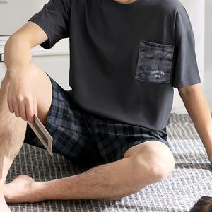 TEMU 남성용 파자마 세트 - 캐주얼 여름 크루 넥 반팔 반바지 잠옷, 검은색 & 흰색 격자, 가벼운 폴리에스터, 집이나 야외 휴식을 위한 완벽한 선택, 편안한 핏 의류 | 격자 패턴 파자마 | 폴리에스터 원단
