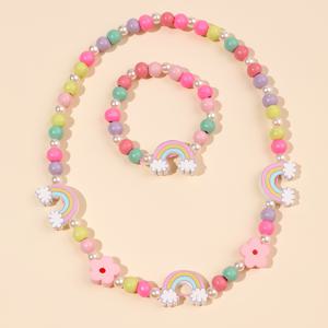 TEMU 2pcs 만화 캔디 컬러 꽃 무지개 혼합 컬러 DIY 나무 비즈 팔찌 목걸이 세트 소녀를위한 패션 귀여운 다재다능 액세서리