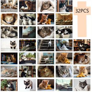 TEMU 32pcs 고화질 귀여운 고양이 포스트카드, 고양이의 귀여운 순간을 포착하고 치유의 따뜻함을 전달하며, 생일 선물이나 기념품으로 적합하며, 거실 장식 카드 및 스티커, 침실 장식, 주제별 일기/장식/인사 카드/포스트카드, 두꺼운 카드 스톡으로 제작되어 고품질 인쇄, 예술적인 선물, 벽 장식 스티커, 소품, 컬렉션 및 보내기에 적합합니다.|카드스티커