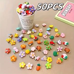 TEMU 20/50pcs 다양한 귀여운 만화 오리 클립 - 재미있는 동물 및 과일 디자인으로 빛나는 레진 헤어 액세서리, 헤어 액세서리용 혼합 색상, 귀여운 헤어 클립, 재미있는 디자인, 내구성 있는 헤어피스