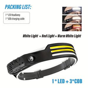 TEMU 충전식 COB 인덕션 헤드램프, 초고휘도 LED 손전등, 내장 배터리, USB 충전 가능, 5가지 조명 모드, 낚시·작업·어드벤처·하이킹 등에 적합