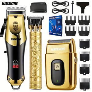 TEMU 위미 3pcs 남성용 전기 헤어드레서 세트, 가정용 전기 헤어드레서 세트, USB 충전식 전기 헤어드레서, 합금 칼날, LCD 디스플레이, 조각 디자인, 가정 및 여행용, 아버지의 날 선물