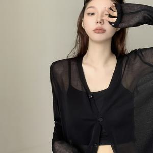 TEMU 여성용 라이트웨이트 V넥 카디건 - 아이스 슬리키 파이버 반투명 긴팔 버튼업 재킷, 여름용 블랙 캐주얼 시크 레이어링, 중간 신축성, 손세탁 전용|가디건