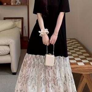 TEMU 여성용 블랙 레이스 트림 캐주얼 티셔츠 드레스 - 여름 2025 컬렉션, 루즈핏, 라운드 넥, 반팔, A라인 실루엣, 가벼운 폴리에스터 블렌드, 우아한 레이스 디테일링으로 세련된 룩, 캐주얼 여름 드레스 | 레이스 트림 드레스 | 가벼운 드레스|여름원피스|반팔티셔츠