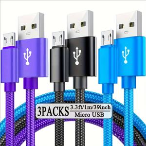 TEMU 3개 세트 3색 USB-C to Micro-USB 데이터 케이블 (3.3ft/6.6ft/10ft 나일론 브레이드), 2.4A 충전 및 480Mbps 전송 지원, Type-C 벽면 충전기/PS4/Xbox One/ 기기 및 S7/S5 호환|C타입충전기