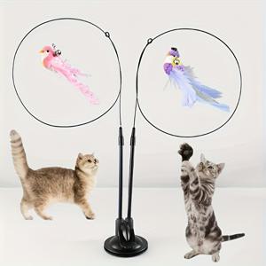 TEMU 새로운 3pcs 고양이 장난감 세트 - 실리콘 조각과 나일론 깃털, 더블 폴 강력 흡입 컵 및 링, 상호 작용 훈련 및 불안 완화, 배터리 필요 없음
