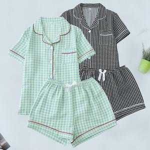 TEMU 2개/4개 청소년용 블루 레드 체크 프린트 파자마, 탄력 있는 반팔 상의와 쇼츠 세트, 사계절 캐주얼 홈웨어, 기계 세탁 및 드라이클리닝 가능, 야외 활동이나 집에서 편안한 착용에 적합|잠옷|파자마|여름잠옷