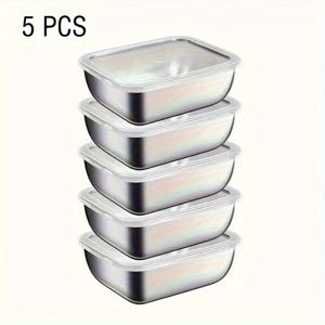 TEMU 5pcs 스테인레스 스틸 식품 보관 용기, 밀봉 뚜껑, 피크닉, 식사 준비, 냉장고 정리, 식품 안전 및 내구성, 전원 필요 없음, 이상적인 주방 필수품, 식사 준비 용기 | 직사각형 용기 | 내구성 식품 보관|냉동고
