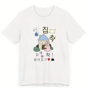 TEMU 와츠썸 메이드 여성용 Y2K 그래픽 티셔츠 - 귀여운 카툰 하우스 & 동물 프린트 한국어 레터링, 가벼운 봄/여름 캐주얼 티, 세탁기 사용 가능, 트렌디한 상의, 통기성 원단, 여름 옷장|티셔츠|셔츠|옷
