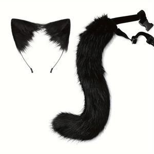 TEMU 2pcs 세트, 시뮬레이션 귀여운 플러시 고양이 헤드밴드 및 꼬리 트림 - 코스프레, 카니발, 부활절, 할로윈 의상용으로 분리 가능한 고양이 귀와 부드러운 꼬리, 배터리 없음|코스프레