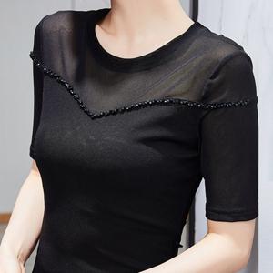 TEMU 슬림소녀 SLIM GIRL 여성 여름 라인댄스복 시스루 셔츠 반팔 상의 망사티셔츠 여성 라운드넥반팔댄스티셔츠 반팔쫄티|댄스복