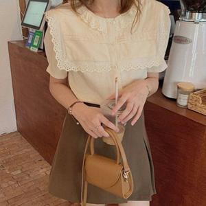 TEMU 슬림소녀 SLIM GIRL 여성 봄여름 프릴 레이스 셔츠 카라넥 배색 심플 블라우스 여성 반팔 블라우스 데일리 캐주얼 상의 신상품