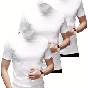 TEMU 3pcs 남성용 통기성 부드러운 편안한 고스트레치 반팔 하이넥 베이스 레이어 봄 가을용, 남성용 언더셔츠