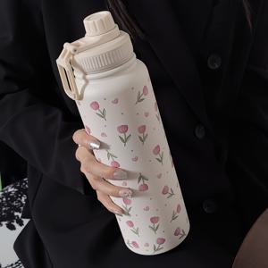 TEMU 핑크 튤립 하트 스테인리스 스틸 보온병 1개 - 열과 냉을 위한 이중벽 진공 플라스크, 600ml/800ml/1000ml 사이즈, 여행, 체육관, 야외 활동 및 선물에 완벽|트래블보틀
