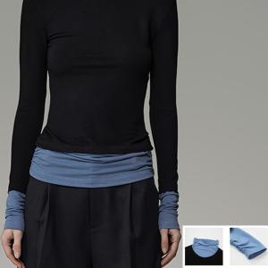 TEMU 여성용 스타일리시 하이넥 터틀넥 상의 - 블랙 & 라이트 블루, 봄/여름용 캐주얼 롱슬리브 티셔츠, 캐주얼 웨어|터틀넥 상의| 편안한 핏