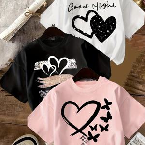 TEMU 3pcs: 하트 블랙 프린트 스플라이싱, 화이트 별하늘 러브 다이잉 로맨틱 디자인, 심장박동 요소가 어우러진 여름 캐주얼 티셔츠