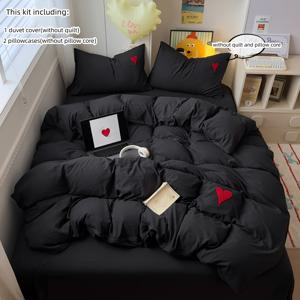 TEMU 3pcs 블랙 침구 세트 - 편안한 니트 하트 패턴 퀼트 커버렛 및 베개 커버 (삽입 없음) - 기계 세척 가능, 올 시즌 편안함, 지퍼 클로저, 폴리에스터 소재, 올 시즌 편안함|니트 텍스처|지퍼 클로저, 침구 세트|베개커버|이불