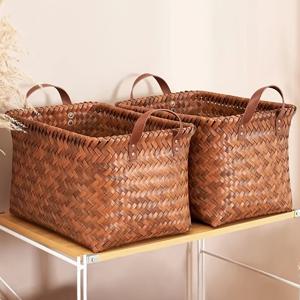 TEMU 2피스 세트, 손으로 짠 빨래 바구니, 내구성 있는 플라스틱, 예술적 디자인 - 주방, 욕실, 침실, 거실용 수납 바구니 2개 세트, 다기능 정리함, 선반 및 옷장 등에 적합|빨래바구니